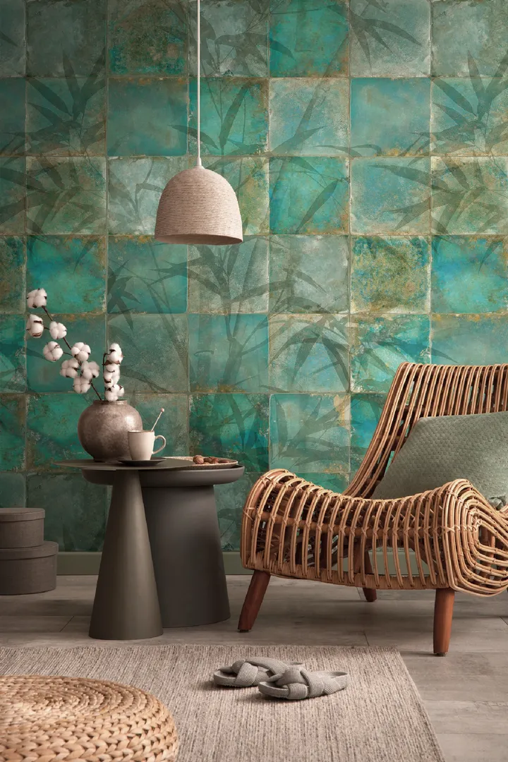 Fusion - Pannello unico piastrelle con disegno tropicale verde L1.59m x 2.80m