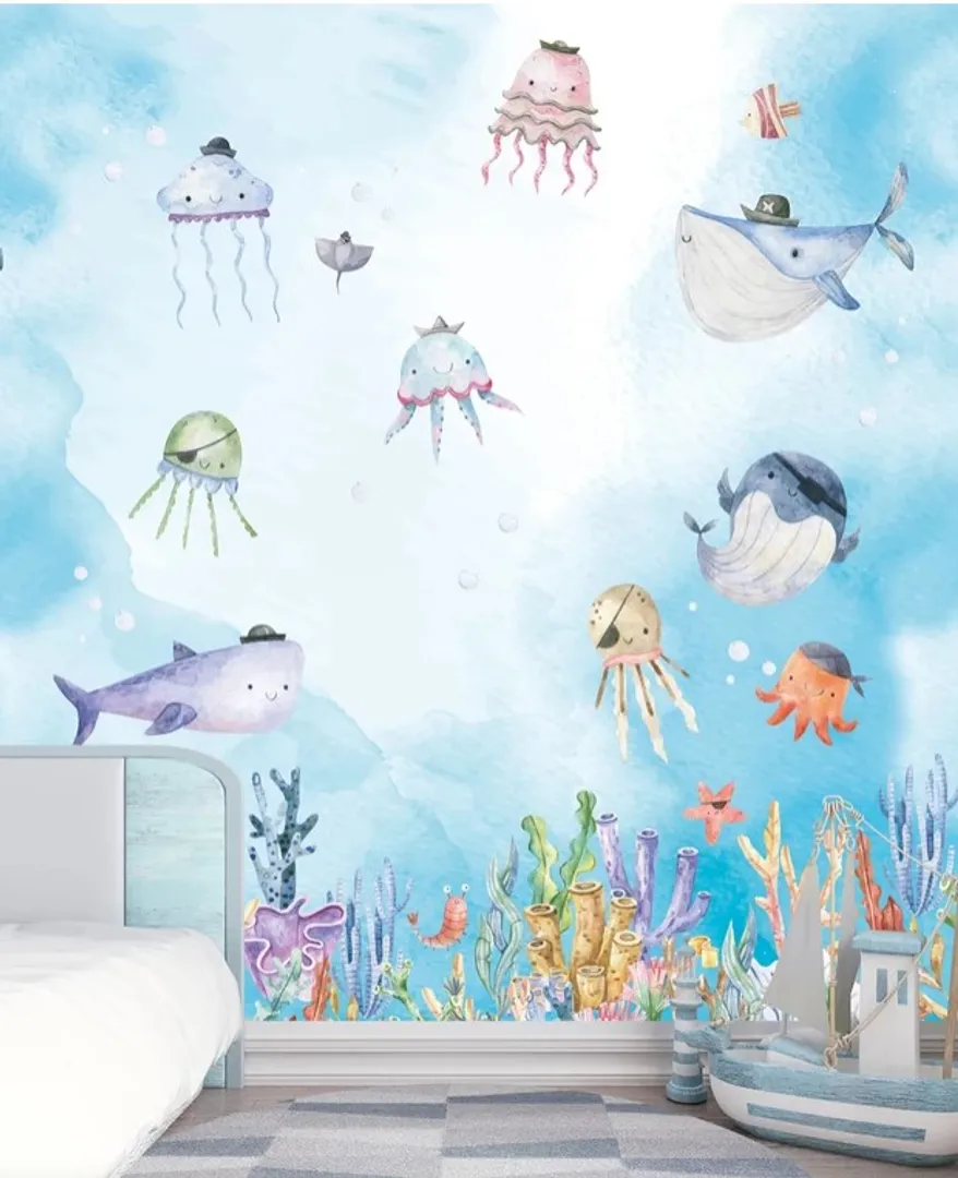 Cute Walls - Carta da parato per bambini ripetibile, fondale marino. Dim. H2.80m x L2.12m
