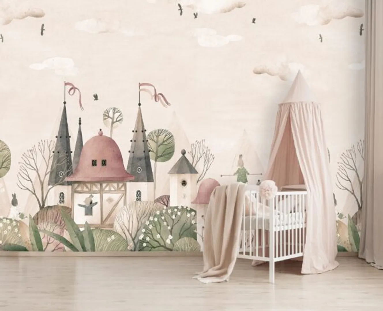 Cute Walls - Parato con citta' in due colorazioni ripetibile per bambini. Dim. H2.80m x L3.18m
