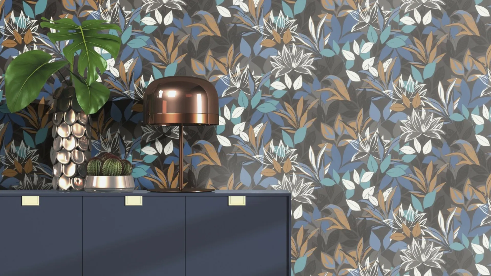 Savana - Parato floreale colorato blu, beige e grigio con colori vivi