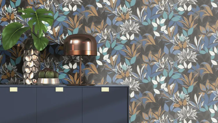 Savana - Parato floreale colorato blu, beige e grigio con colori vivi