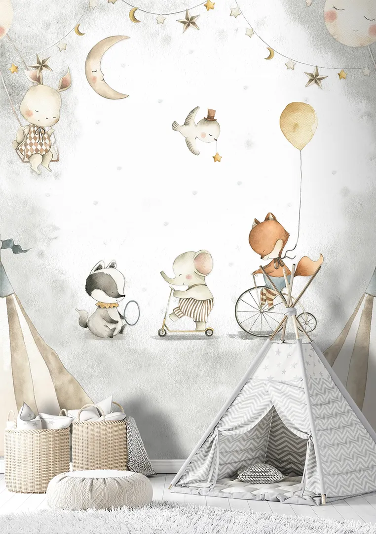Cute Walls - Carta da parati ripetibile stampa animaletti circo. Dim. H2.80m x L2.12m