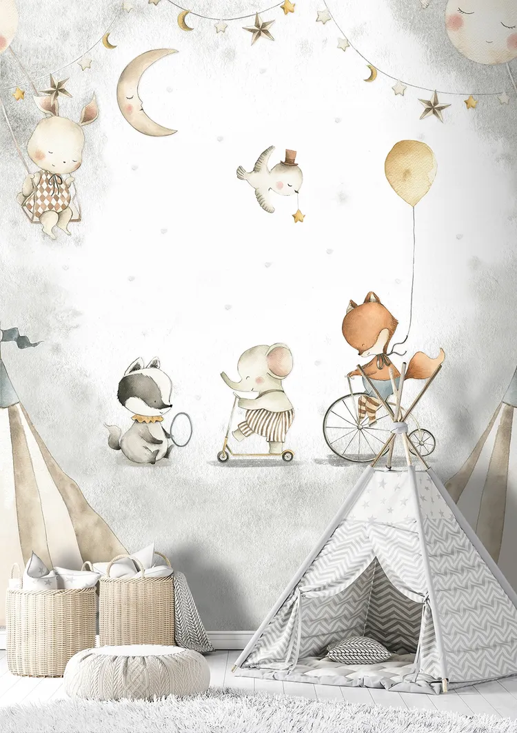 Cute Walls - Carta da parati ripetibile stampa animaletti circo. Dim. H2.80m x L2.12m