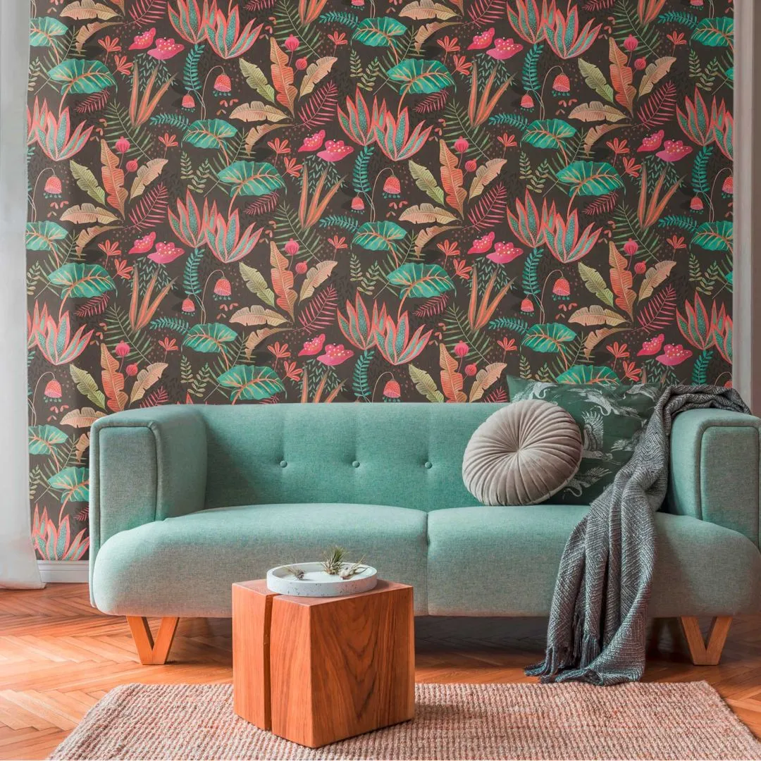 Floral Fusion - Parato tropicale colori vivaci in più referenze. Trama effetto canvas