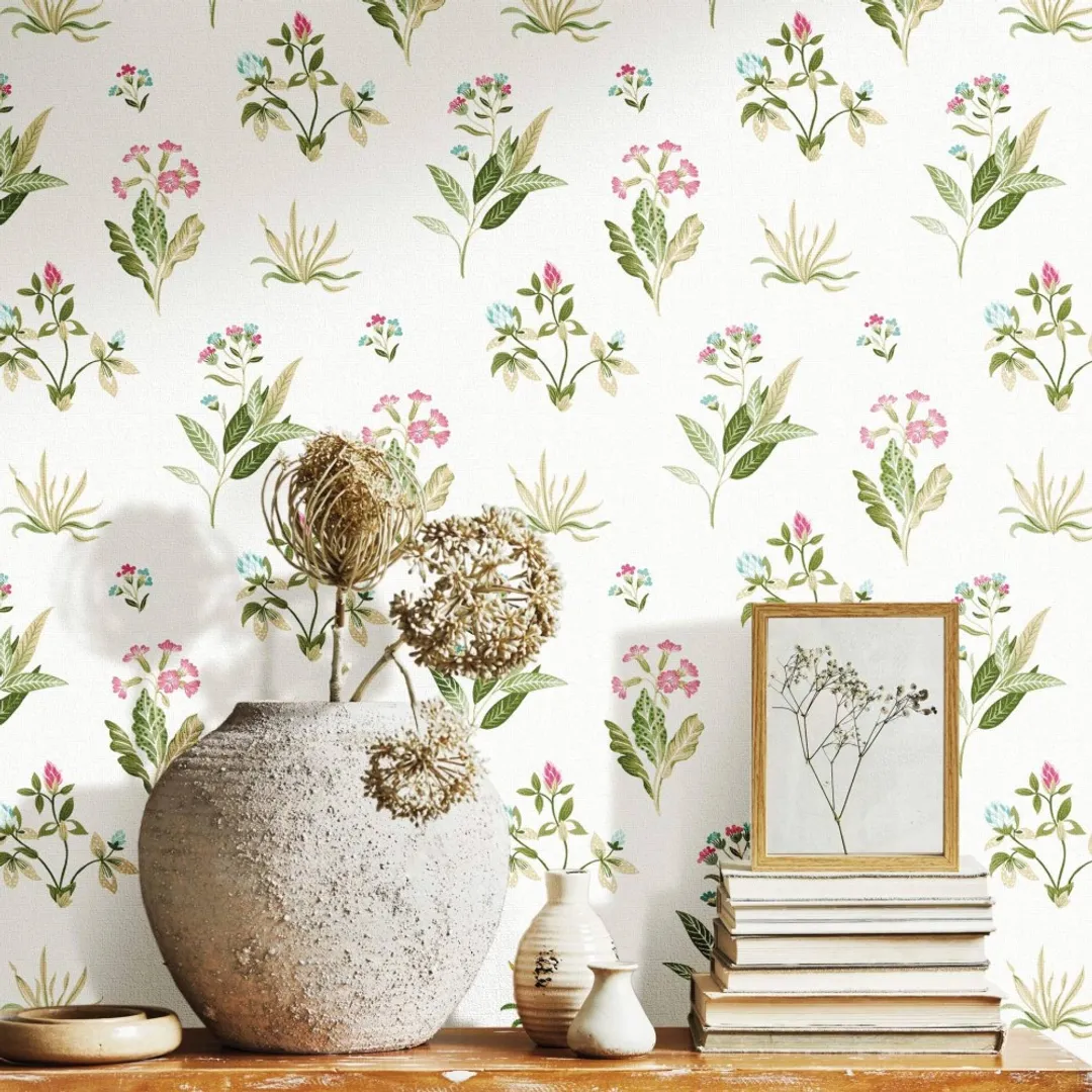 Blooming Garden - Carta parato fiori di campo colorati su trama effetto tessuto Cristiana Masi
