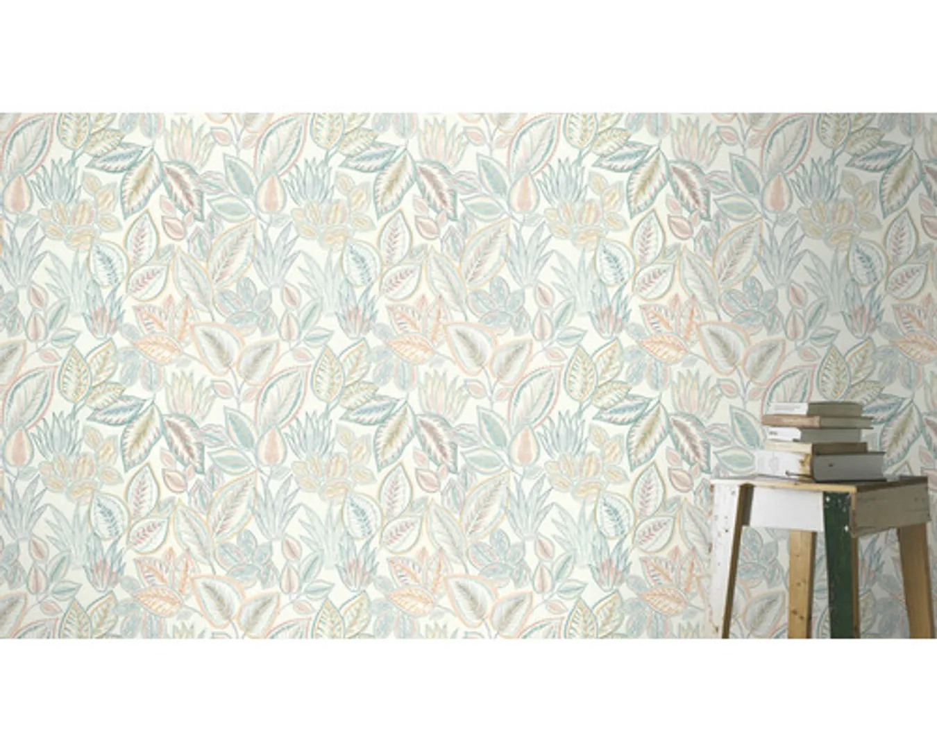 Savana - Parato floreale con foglie tiffany e beige su trama effetto tessuto