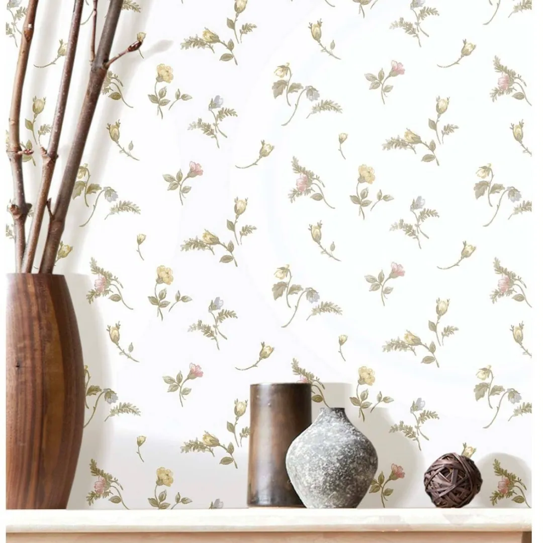 Blooming Garden - Parato fiorellini di campo rosa e beige su fondo bianco. Qualita' Lavabile