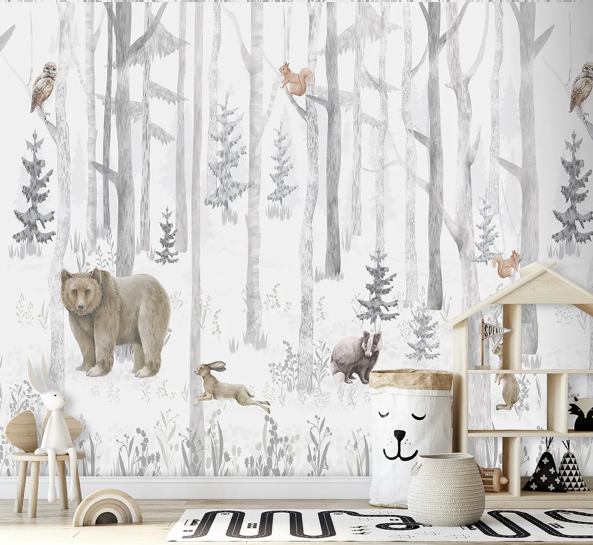 Cute Walls - Carta da parato bosco con animali per camerette. Dim. H2.80m x L3.18m