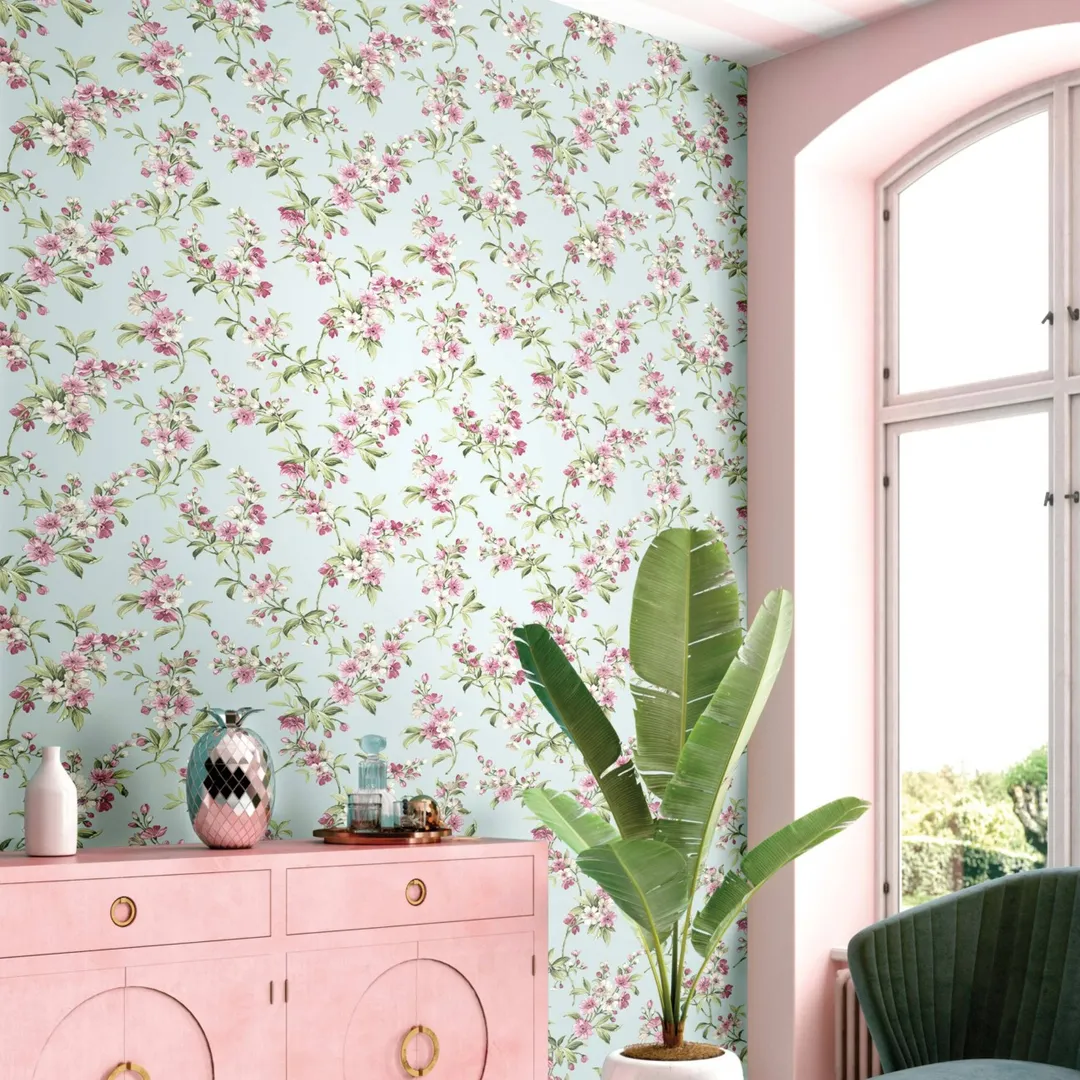 Blooming Garden - Parato floreale shabby chic provenzale su trama effetto tessuto in rilievo