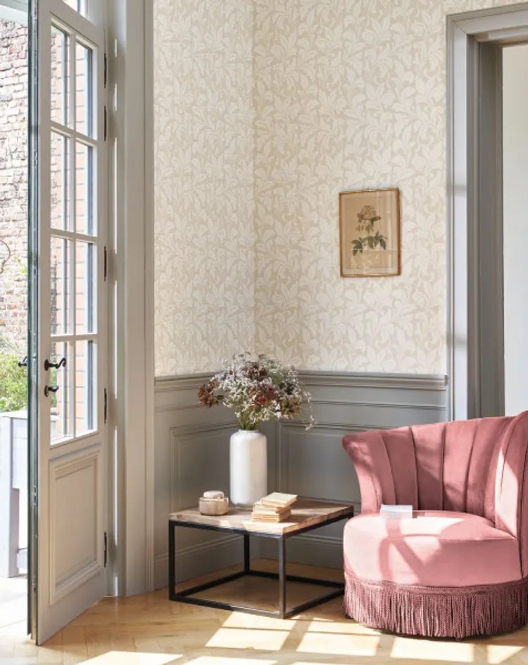 Arts e Crafts - Carta da parato francese classico con foglie di acanto effetti luce