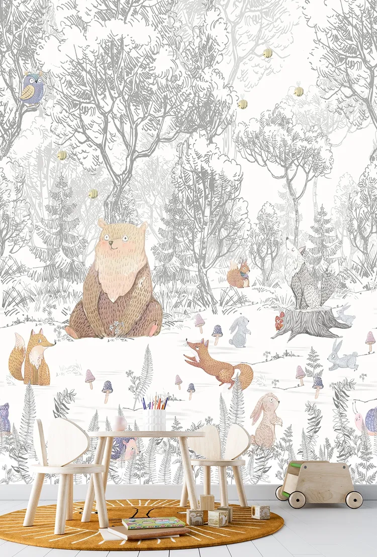 Cute Walls - Parato bambini bosco con animaletti ripetibile. Dim. H2.80m x L2.12m